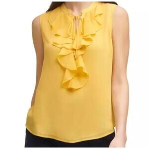 Tommy Hilfiger Womens XL Yellow Ruffle Tie Neck Chiffon Sleeveless Top blouse